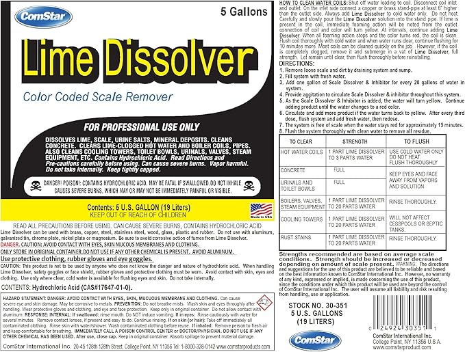 Lime Dissolver, 5 Gallon & Scale Remover, Industrial Strength Descaler for Cooling Towers, Boilers, Coils, Urinals, Toilet Bowls, Ice Machines, Lab Equipment, Rust & Stain Cleaner (30-351)