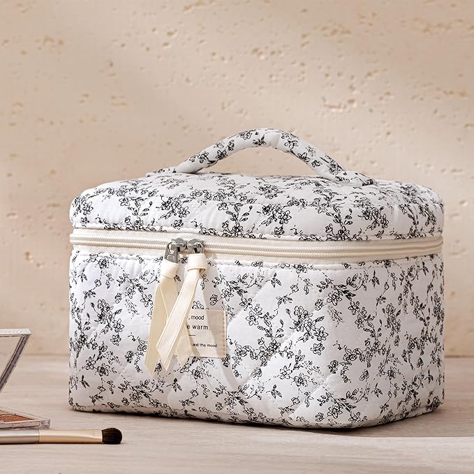 HBselect Quilted Makeup Bag, 3PCS Cotton Large Travel Makeup Bag, Cute Floral Coquette Makeup Bag Cosmetic Bag Toiletry Bag for Women Girls