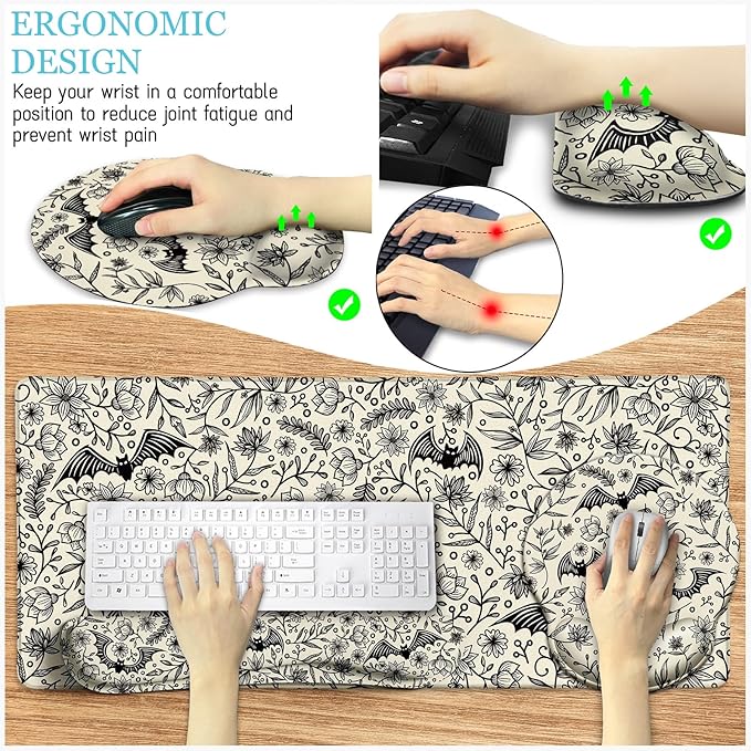 Goth Bat Mouse Pad Set Large Desk Mat for Desktop, Ergonomic Mouse Pad with Wrist Rest for Gaming, Keyboard Mat Wrist Support Cup Coaster Set, Gothic Office Desk Accessories Decor Supplies