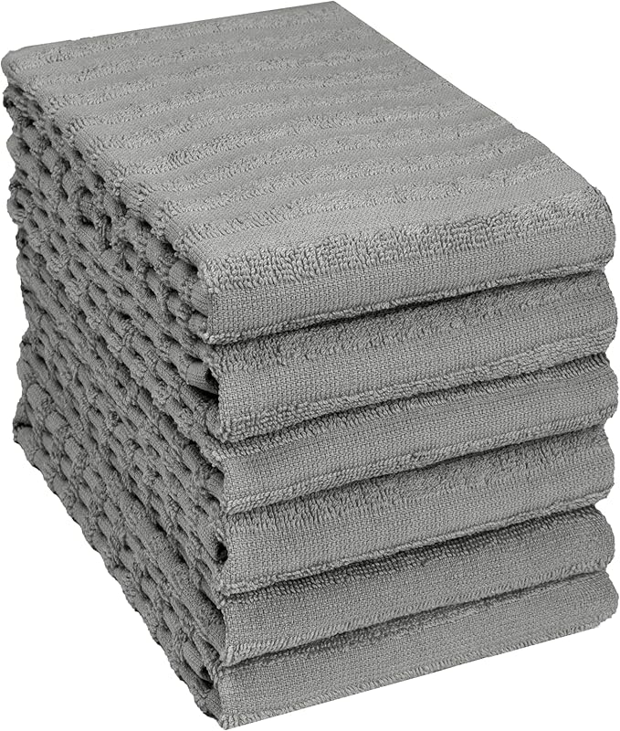 Premium Kitchen Towels (20”x 28”, 6 Pack) | Large Cotton Dish Towels 450 GSM | Highly Absorbent Terry Kitchen Linen Set with Hanging Loop | Gray Solid