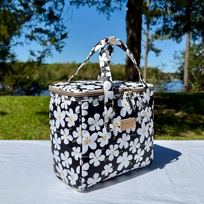 Kwang Min Floral Insulated Lunch Bag for Women,Reusable Lunch Box,Large Cooler for Office,Picnic Outdoors,Premium Quality Waterproof Fabric,Ideal Gift for Outdoors and work (Black Rose)
