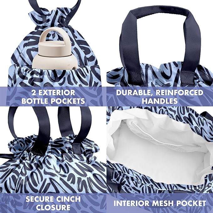 Fit & Fresh Cromwell Drawstring Lunch Bag for Women, Complete Lunch Set with 4 Containers, Stain-Resistant, Leak-Resistant, Back to School Essential, Teacher Lunchbox, Navy Brush Strokes