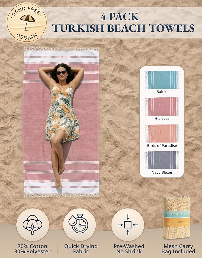 LANE LINEN 4 Pack Beach Towels – Oversized, Pre-Washed, Quick Dry, Sandproof, Lightweight & Absorbent Travel Towels – Extra Large Pool/Bath Towel – Multi