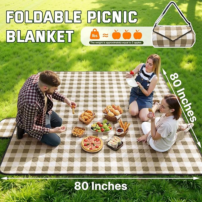 TigeJoy Extra Large Picnic Blanket Waterproof Foldable 80''x118'', Outdoor Picnic Mat Beach Blanket Sandproof for Park, Grass, Travel, Hiking, Camping Essentials, Gingham Picnic Blanket