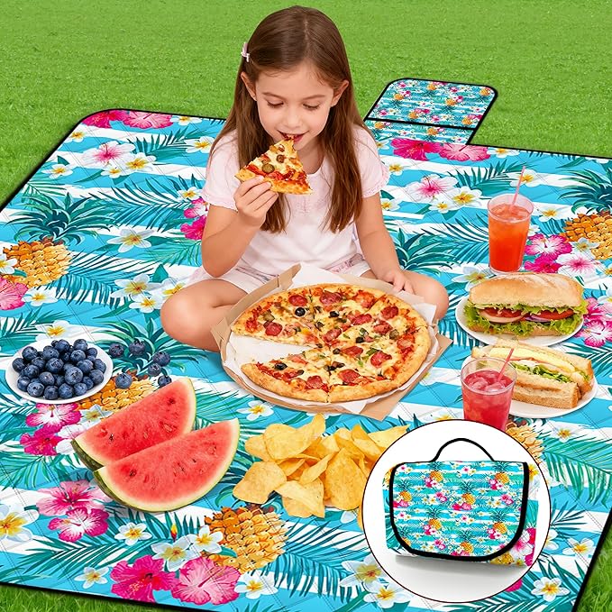 Extra Large Picnic Blanket Waterproof,80"x 80"Foldable Machine Washable Beach Blanket,Outdoor Blanket for 6-8 Adults,Suitable for Indoor Crawling,Park Beach,Camping,Hiking,Family Travel(Pineapple)