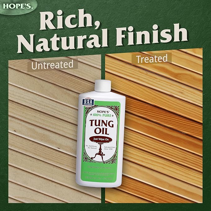 HOPE'S 100% Pure Tung Oil, Food Safe, Premium Waterproof Natural Wood Finish and Sealer for Indoor and Outdoor Projects,16 Fl Oz, 1 Pack