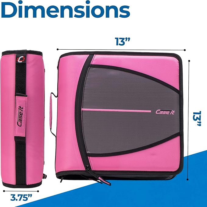 Case-it Mighty Zip Tab Zipper Binder, 3" O-Ring with 5-Color tabbes, Expanding File Folder and Shoulder Strap and Handle, D-146-Light Pink