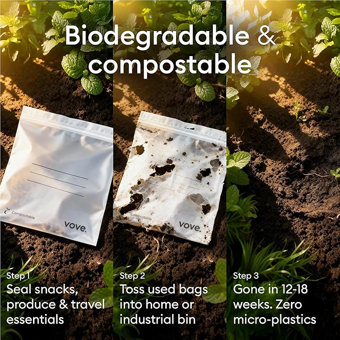 Vove Compostable Storage Bag Bundle, 140 Count Multi-Size S/M/L/XL – Freezer Safe, Resealable, Non Toxic Bags for Food, Meal Prep & Snacks, Plastic-Free Eco Bags