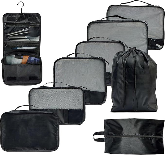 Foxy Traveler 9 Set Packing Cubes - Suitcase Organizer, Cute Packing Cubes, Travel Bags Organizer for Luggage with Hanging Toiletry and Shoe Bag, Travel Essentials for Women, Men and Kids -Black