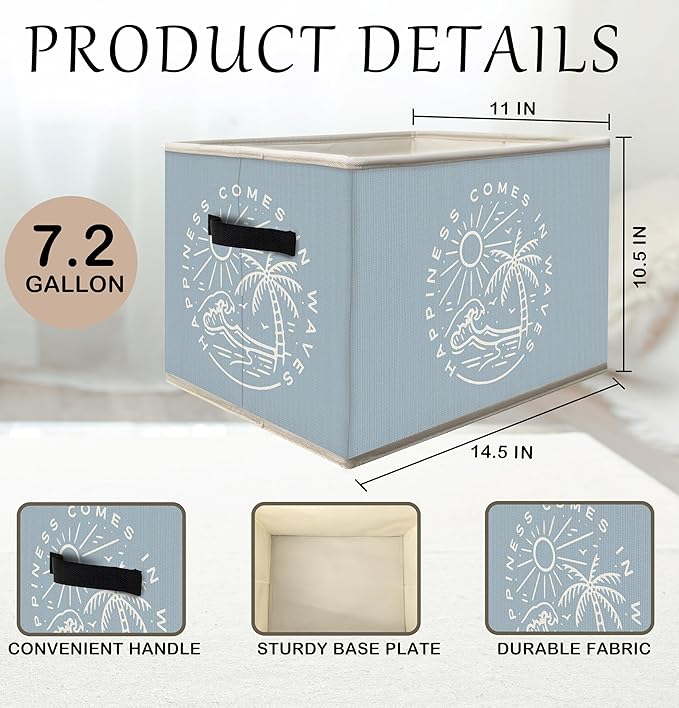 Blue Coastal Beach Storage Bins Box with Handles, Happiness Comes in Waves Collapsible Fabric Storage Basket Box Organizer for Bedroom Bathroom Clothes Toys Books