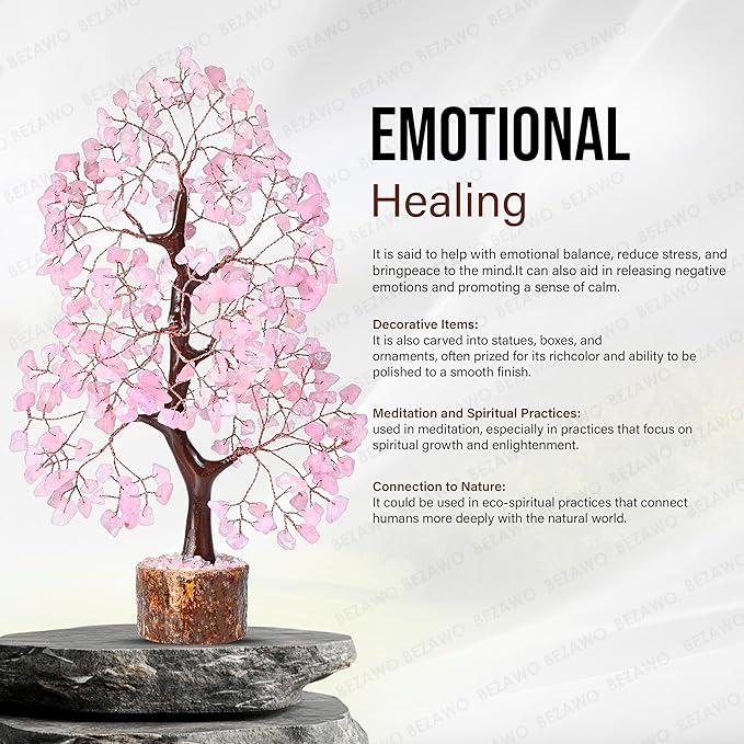 Rose Quartz Crystal Tree of Life Pink Room Decor & Healing Crystals Cute Desk Accessories Spiritual Birtdhay Gifts for Women House Warming Gifts New Home Decor for Mom Sister & Girlfriend