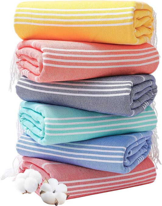 Genovega 6 Oversized Cotton Turkish Beach Bath Towel Set Bulk 74"x38" Extra Large Sand Free Quick Dry Swimming Camping Pool Clearance Towels Blanket Essentials Adult Multi YellowStripes