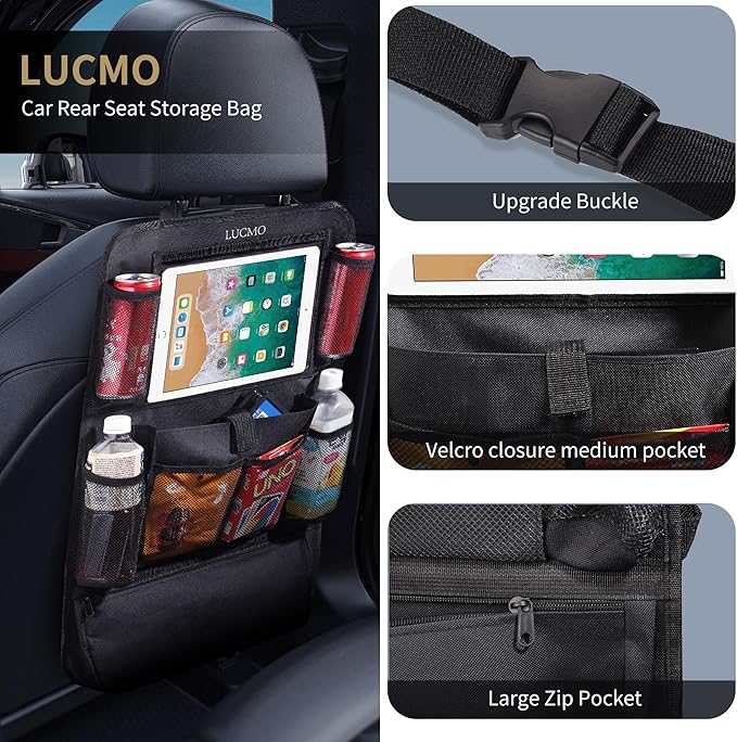 LUCMO Car Backseat Organizer with Touch Screen Tablet Holder - 2 Pcs, 9 Storage Pockets Car Storage Organizer, Protectors Kick Mats Travel Accessories for Kids - Black