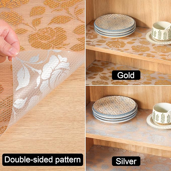 INNOLITES Shelf Liner for Cabinets, Non-Adhesive for Kitchen Drawer Liner, Waterproof Shelf Paper with Floral Pattern, Durable Easy to Clean (Golden Rose, 11.8" x 240")