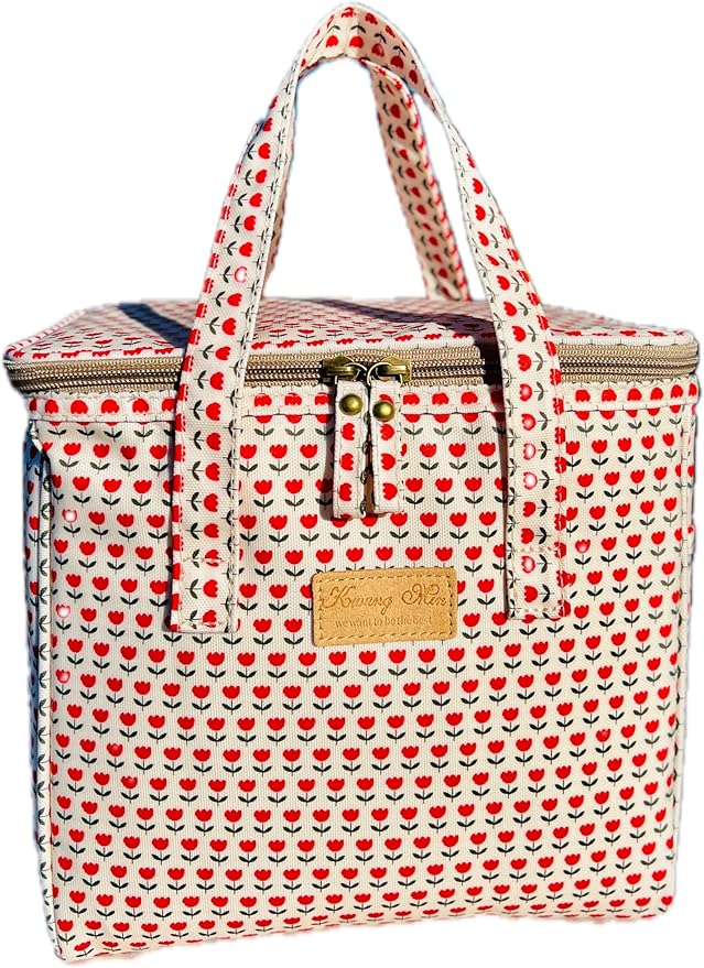 Kwang Min Floral Insulated Lunch Bag for Women,Reusable Lunch Box,Large Cooler for Office,Picnic Outdoors,Premium Quality Waterproof Fabric,Ideal Gift for Outdoors and work (Red Tulips)