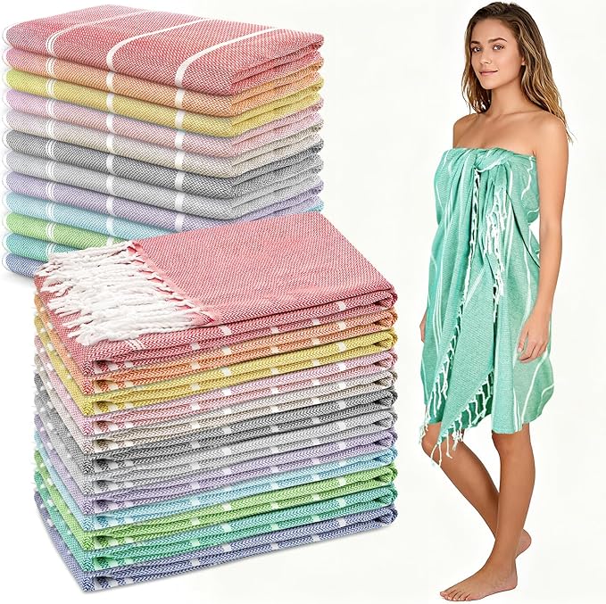 YSYJ Turkish Beach Towel Set of 24 Oversized Beach Towels 36 x 71 Inches Sand Free Turkish Bath Towels Quick Dry Pool Towels 12-Color Mix Pack