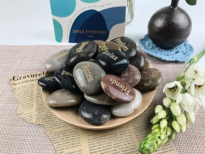 24pcs Engraved Inspirational Stone,Gift Healing Zen Therapy Pocket Hope Thanks Stone With Inspiring Prayer Words,Blessing Stones.