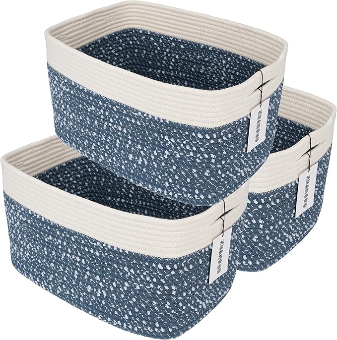 XUANGUO White and Blue Cotton Rope storage Basket Bins Woven Basket for Organizing Shelves 15X10X9.3“ Rectangle Decorative Baskets For storage Books Towels Wicker Nursery basket organizer Set of 3