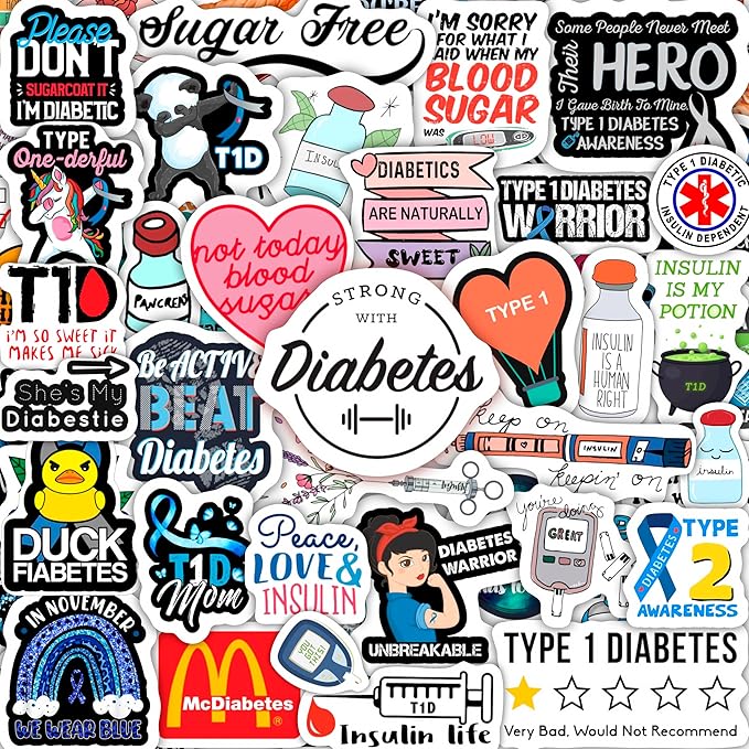 BulbaCraft 100Pcs Funny Diabetes Stickers for Water Bottle & Laptop - Gifts for Diabetics, Diabetes Awareness Month, Waterproof Vinyl Decals, Gifts for Women & Men