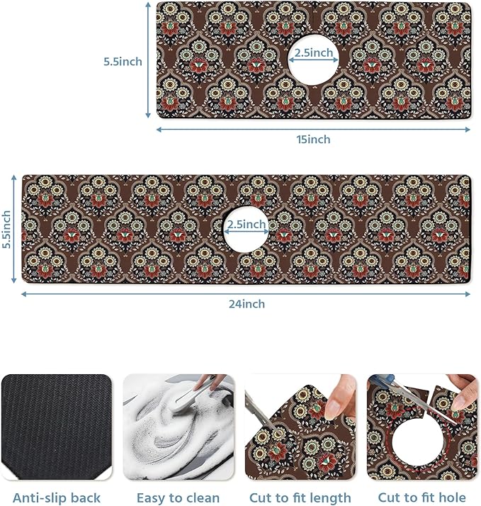 Patterned Sink Faucet Mat Kitchen Splash Guard Super Absorbent Drying Mat, Non-Slip Drain Pad for Kitchen Counter or Bathroom-15x5.5in