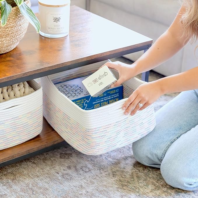 NaturalCozy Storage Baskets 16.8”x13”x7.6” Cotton Rope Woven Baskets for Organizing, 3-Pack | Toy Storage Bins | Basket for Shelves, Laundry, Blanket, Clothes, Closet, Kitchen, Bathroom, Gifts