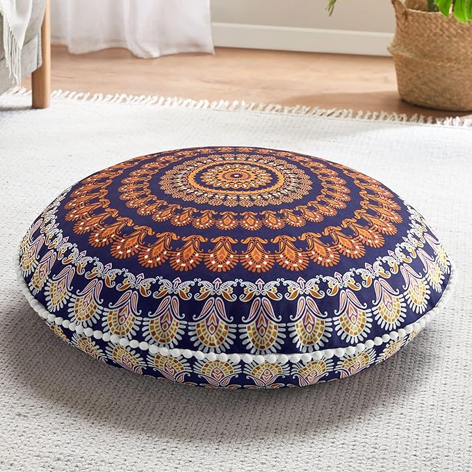Codi Meditation Floor Pillows, Round Large Pillow Seating for Adults, Bohemian Mandala Circle Floor Cushion for Outdoor Fireplace Yoga Living Room, 32 Inch, Yellow Memory Foam Added