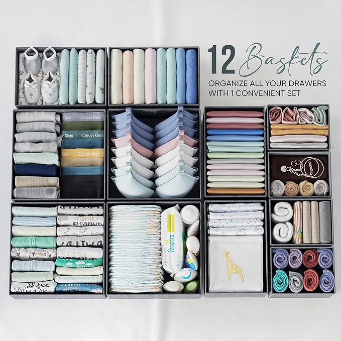 Drawer Organizer Set of 12 Dark Gray - Nursery, Bedroom, Closet Organizer & Storage