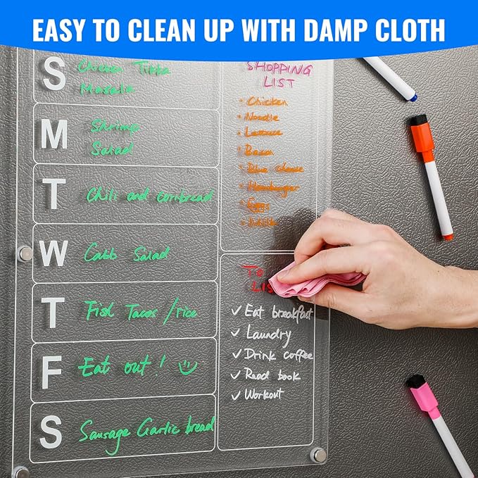 Acrylic Magnetic Menu Board for Kitchen, Large Weekly Meal Planner for Fridge, Clear Refrigerator Planning Board with 8 Color Markers, Dry Erase Board for Grocery/Shopping/to Do List -14.5''*11.5''