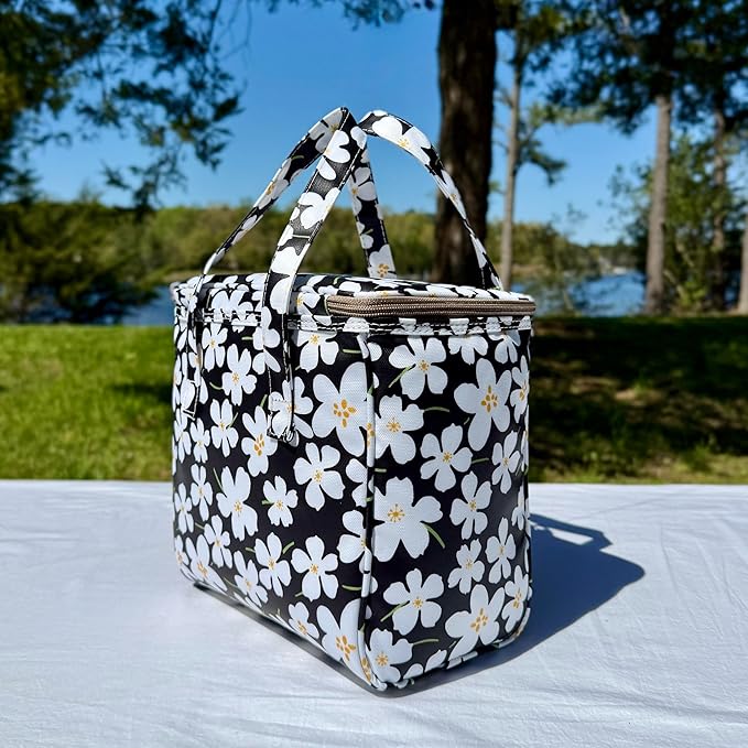 Kwang Min Floral Insulated Lunch Bag for Women,Reusable Lunch Box,Large Cooler for Office,Picnic Outdoors,Premium Quality Waterproof Fabric,Ideal Gift for Outdoors and work (Black Rose)