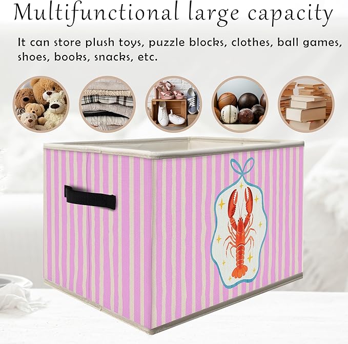 Coastal Beach Lobster Storage Bins Box with Handles, Preppy Blue Bow Ocean Lobster Collapsible Fabric Storage Basket Box Organizer for Bedroom Bathroom Clothes Toys Books