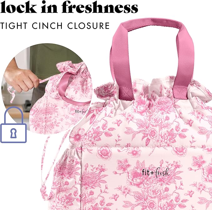 Fit & Fresh Cromwell Drawstring Lunch Bag for Women, Complete Lunch Set with 2 Containers, Stain-Resistant, Leak-Resistant, Back to School Essential, Teacher Lunchbox, Pink Floral Toile