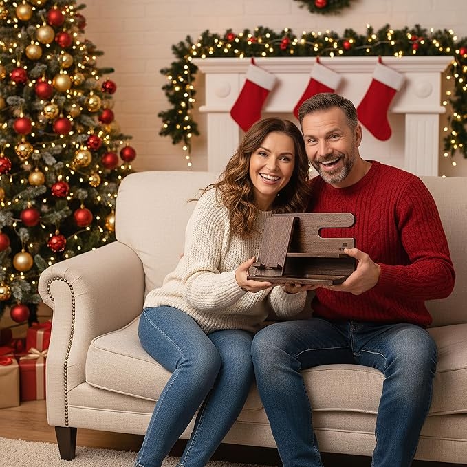 TESLYAR Wood Phone Docking Station for Men - Desktop or Nightstand Organizer - Birthday Gifts for Men, Dad - Anniversary Idea from Wife - Key Holder, Stand Wallet, Watch & Essentials (Bourbon Brown)