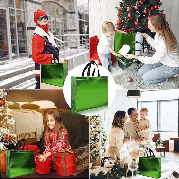 cabzymx Light Green Reusable Gift Bags 15 Pcs, 12.6 x 4.7 x 11 In Non-woven Party Gift Bags Bulk with Sturdy Bases for Birthday, Wedding, Christmas, Holiday