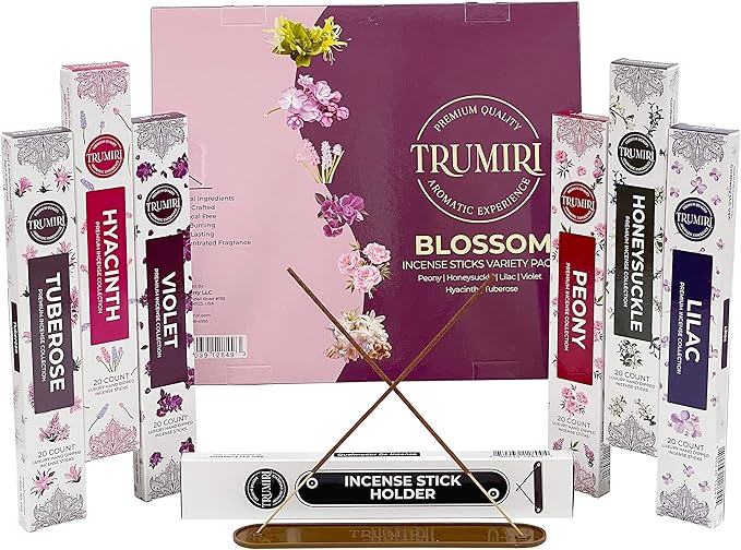 Blossom Incense Sticks Variety Pack - 120 Insence-Sticks (6 Incents x 20 Insense) - Peony Honeysuckle Lilac Violet Hyacinth Tuberose - Natural Inscents-Sticks Non Toxic Incienso + Stick Incense Holder