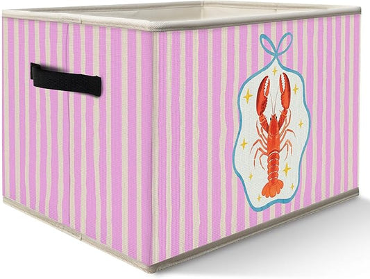Coastal Beach Lobster Storage Bins Box with Handles, Preppy Blue Bow Ocean Lobster Collapsible Fabric Storage Basket Box Organizer for Bedroom Bathroom Clothes Toys Books