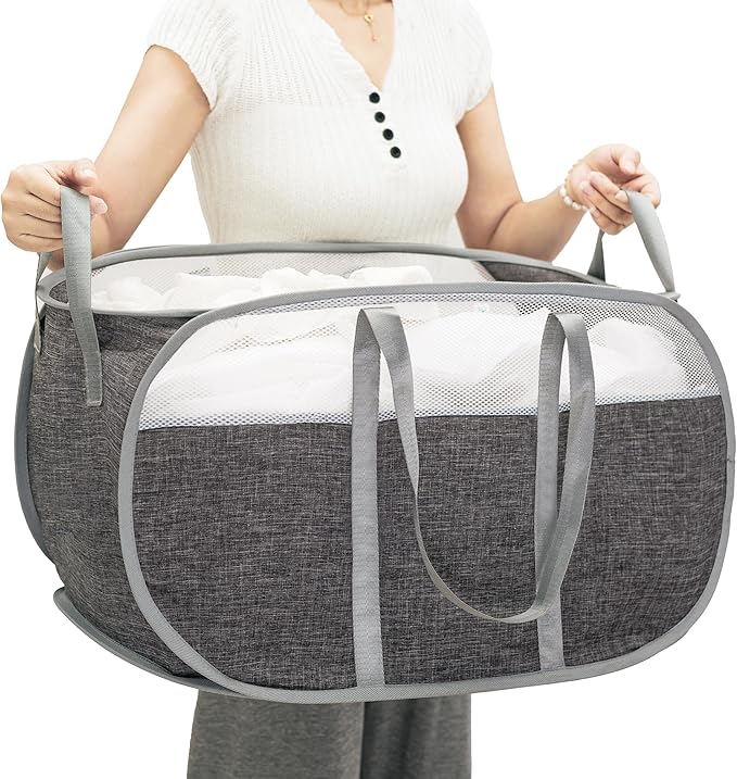 Pop-Up Laundry Basket, Collapsible Mesh Laundry Hamper – With Extended Shoulder Straps, Sturdy Handles, and Premium Cationic Fabric (gray)…