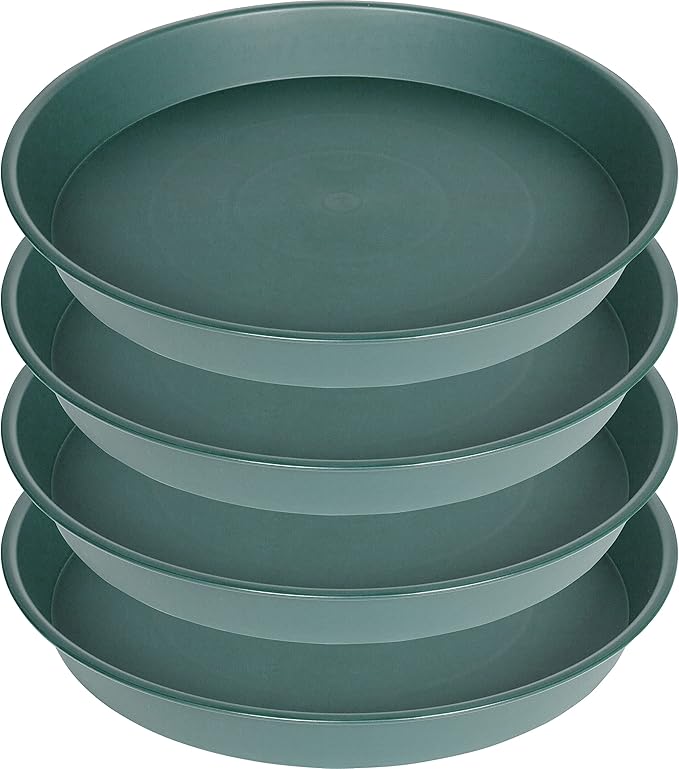 Bleuhome 4 Pack of 16 inch Plant Saucer (13.5" Base), Heavy Duty Plastic Plant Tray for Pots, Flower Water Trays for Indoors, Bird Bath Bowls, Plant Drip Saucers for Planter 14"/15"/16" (Green)