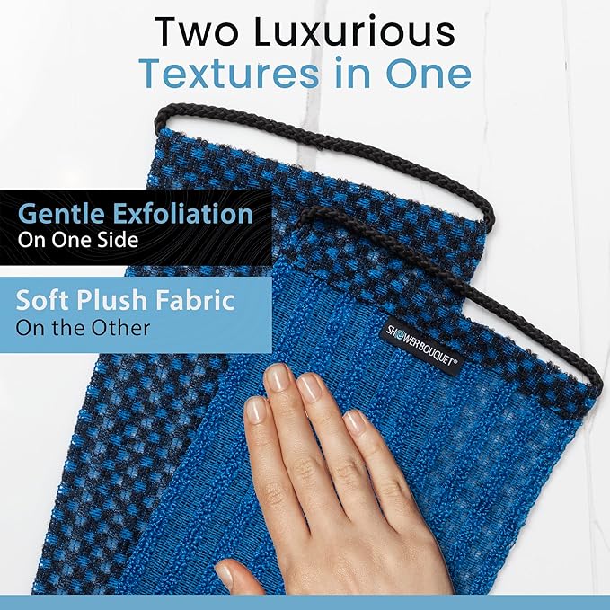 Japanese Exfoliating Washcloth for Back & Body - Charcoal & Silver Ion Exfoliating Towel with Handles - Two-Sided Gentle Exfoliation & Deep Cleansing Soft Body Wash Cloths for Shower - Blue