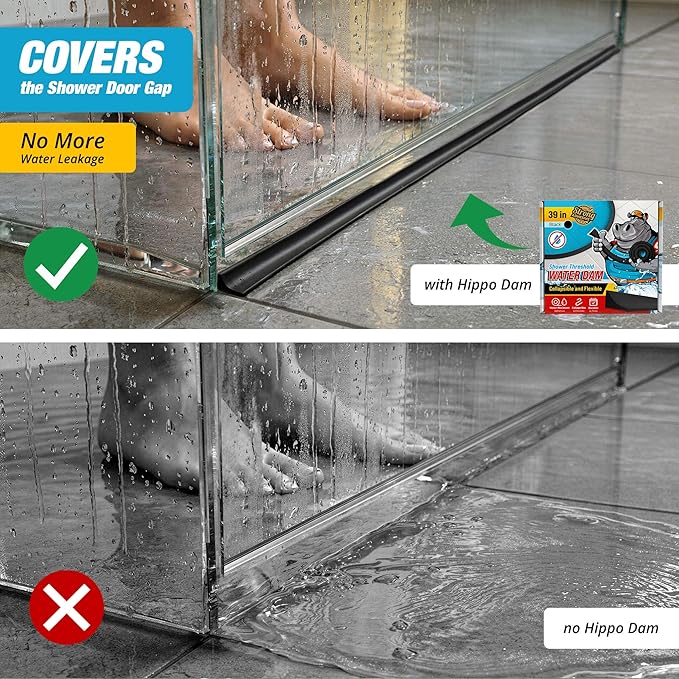 Shower Threshold Water Dam Barrier 39" - Black Collapsible Walk in Shower Water Guard - Door Bottom Seal Strip Leak Guard by Hippo Dam