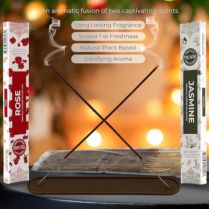 Trumiri Incense Sticks - Combo Pack of 40 Insence-Sticks - 20 Rose + 20 Jasmine - Insenses - Insents - Incents - Inscense - Incence - Incienso - All Natural Incense Sticks