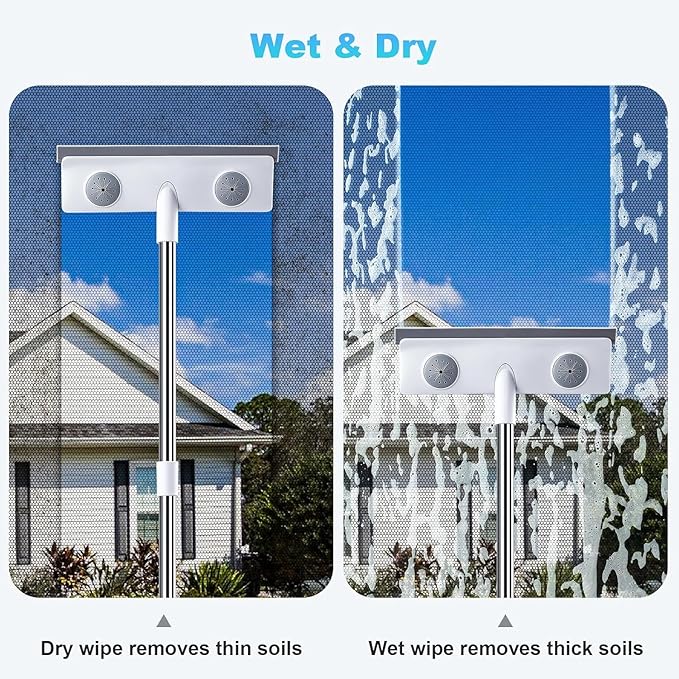 IMHO Mesh Screen Cleaner, Glass Wiper, Dust Paper Clip，3 in 1 Wet and Dry Screen Cleaner with Long Handle Wiper for Shower, Glass, Floor, Tile Walls, Car Windshield, White
