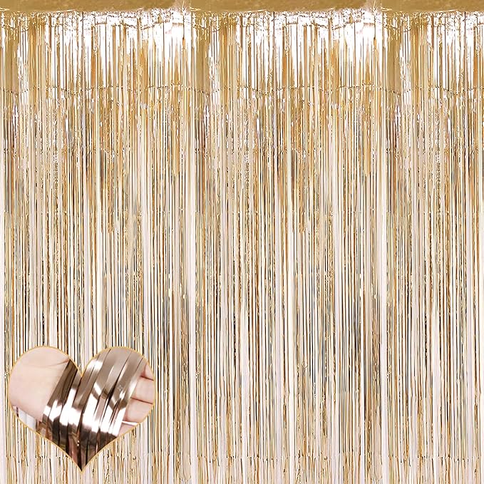 4 Pack Champagne Gold Fringe Curtain Backdrop, 3.2Ft x 8.2Ft Metallic Tinsel Foil Fringe Streamers Background for Photo Booth Birthday Wedding Baby Shower Carnival Easter Mother’s Day Party Decoration