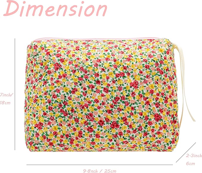 PAZIMIIK Quilted Makeup Bag Large Travel Zipper Soft Cosmetic Pouch for Women Girls Make Up, Little Flower
