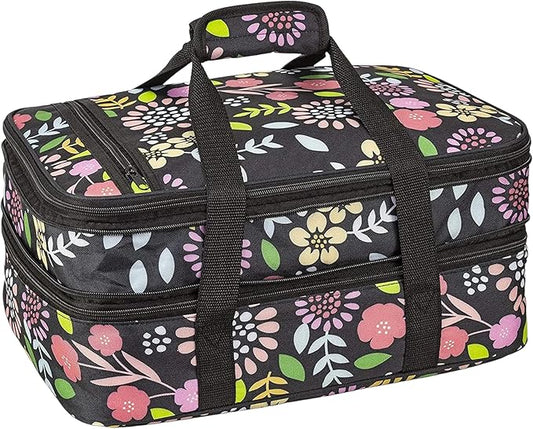 VP Home Insulated Casserole Carrier - 16"x11"x8" Food Carrier with Expandable Compartments, 2-Tier Travel Insulated Bag for Hot or Cold Dishes - Lunch Holder for Picnics, Potluck - Garden Party Design