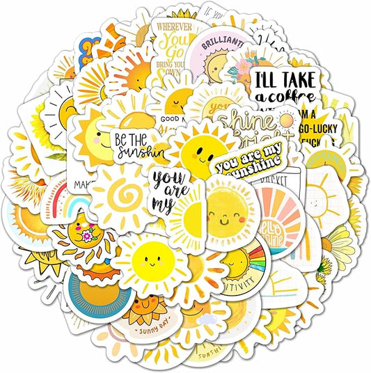 BulbaCraft 100Pcs Small Sunshine Stickers, Sun Stickers and Decals for Laptop and Water Bottles, You are My Sunshine Decals and Party Favors, Sun Birthday Party Decorations, Gifts for Women & Men