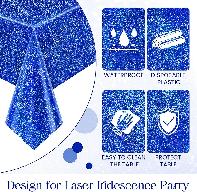 Sparkling Holographic Laser Tablecloth - Shimmering, Waterproof, Easy to Clean - Ideal for Bachelorette, Birthday, Wedding, and Anniversary Party Decorations (Dark Blue & Gold & Silver, 3)