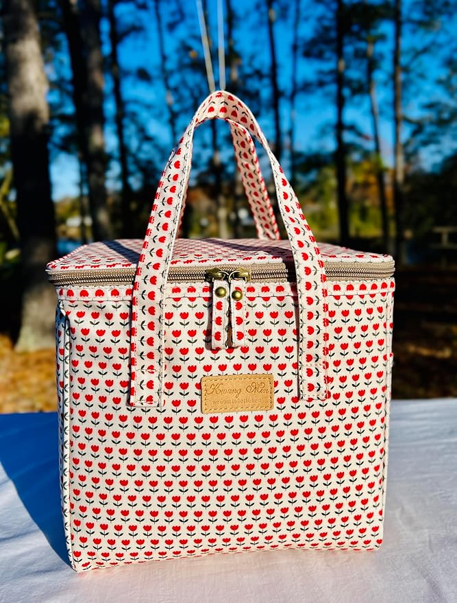Kwang Min Floral Insulated Lunch Bag for Women,Reusable Lunch Box,Large Cooler for Office,Picnic Outdoors,Premium Quality Waterproof Fabric,Ideal Gift for Outdoors and work (Red Tulips)
