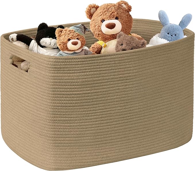 SunNewt 100L Extra Large Wicker Laundry Basket for Living Room Storage, Boho Woven Cotton Rope Baskets for Kids' Toys, Gifts, Square Blanket Hamper for Bedroom Dirty Clothes, Jute