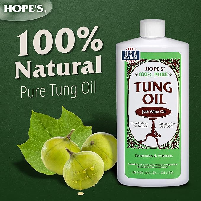 HOPE'S 100% Pure Tung Oil, Food Safe, Premium Waterproof Natural Wood Finish and Sealer for Indoor and Outdoor Projects,16 Fl Oz, 2 Pack
