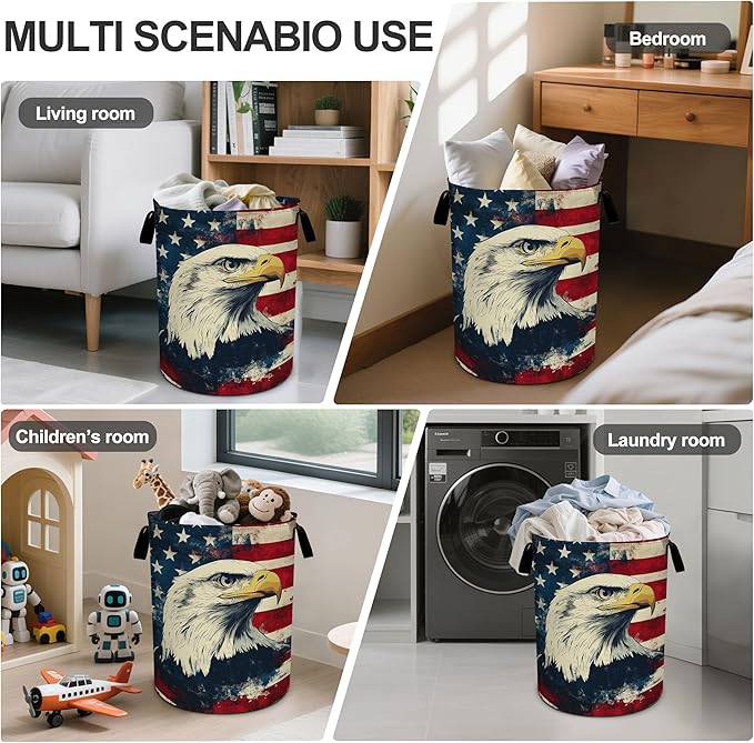 Vintage American Flag Eagle Laundry Basket Laundry Hamper With Handles Collapsible Laundry Baskets Storage Basket For Room Bathroom Bedroom Decor